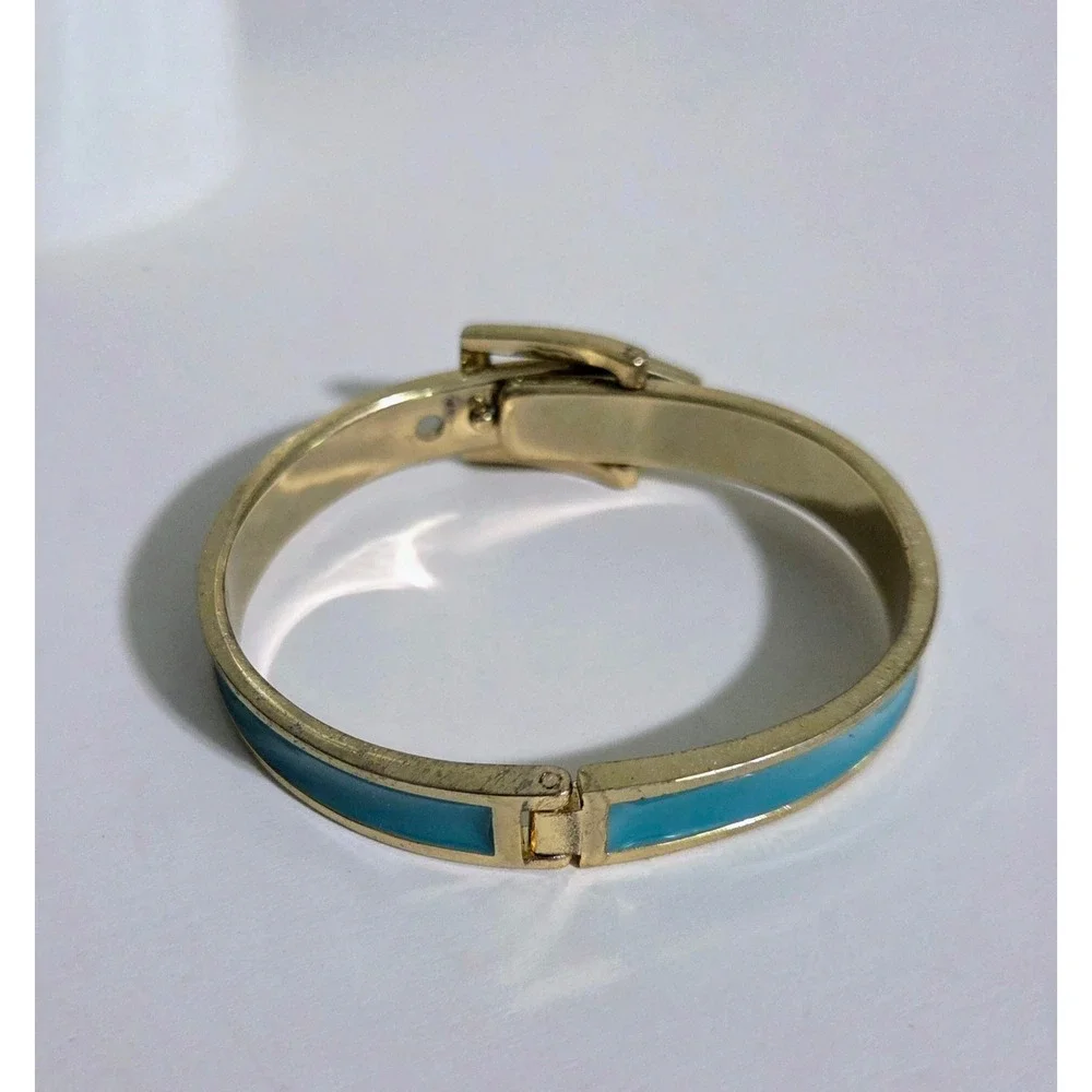 Vintage Gold Tone Retro Teal Green Enamel Belt Buckle Hinged Bangle‎ Bracelet